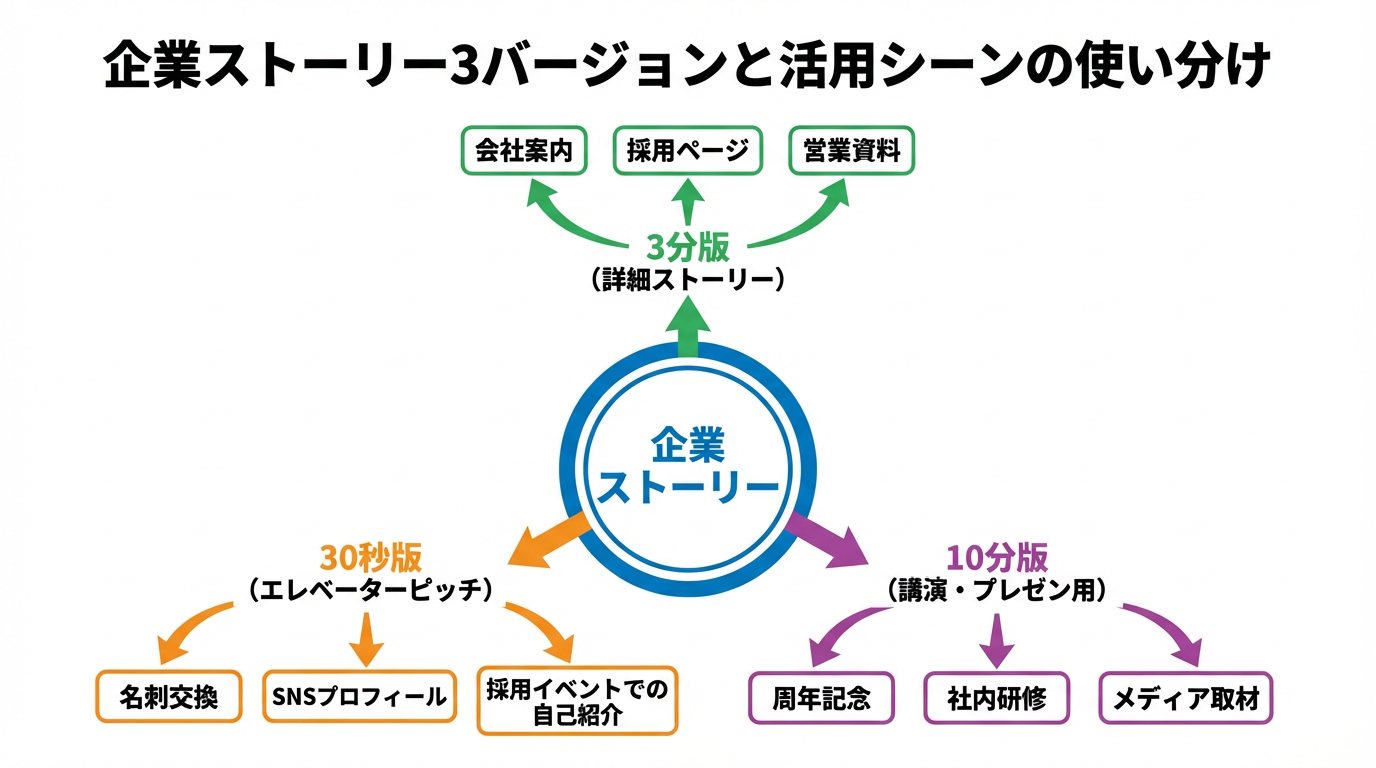 企業ストーリーの複数バージョンと活用シーンの関係図